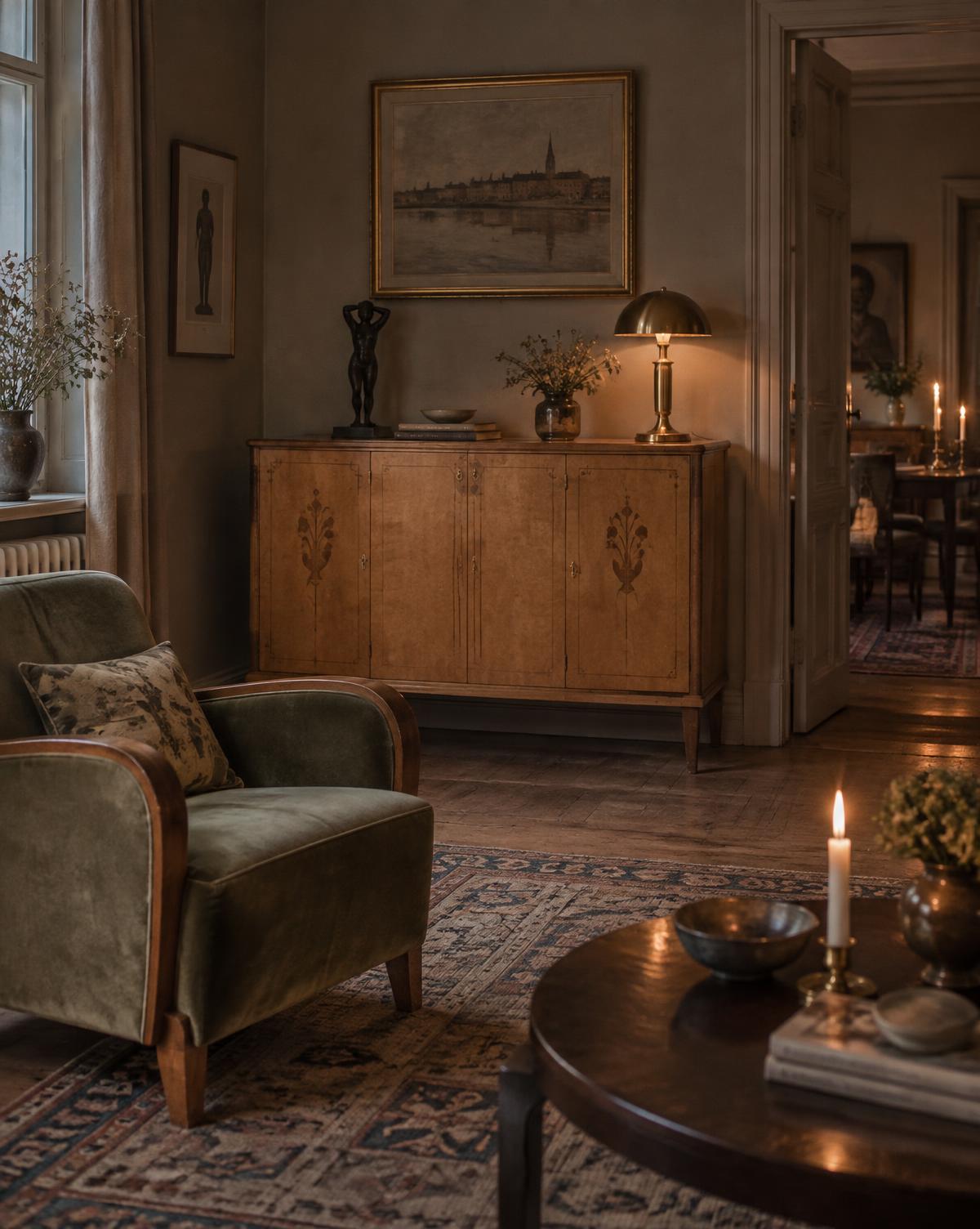Vardagsrum i Swedish Grace med intarsiaskåp och art deco-lampa